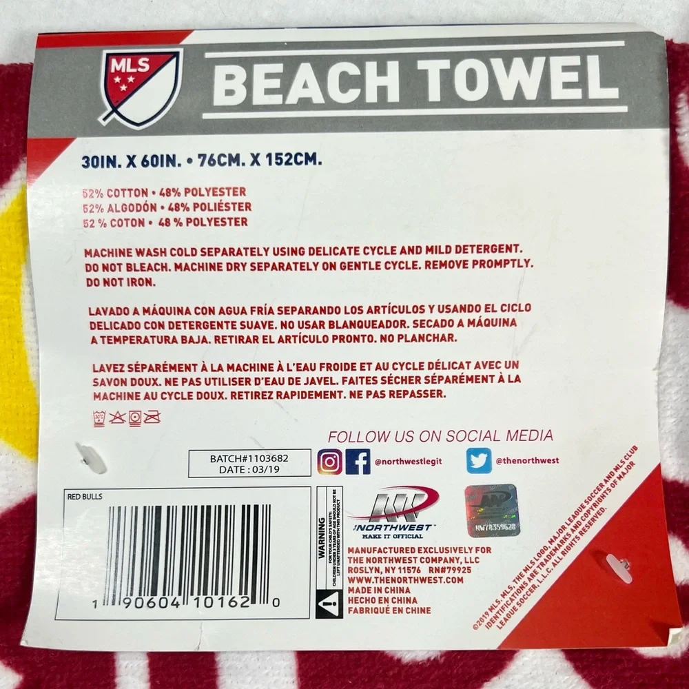 NORTHWEST New York Red Bulls Beach Towel MLS Major League Soccer NEW NWT‎